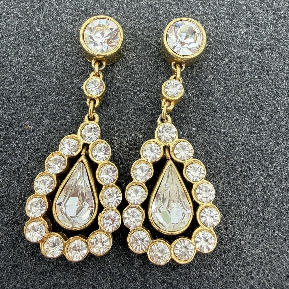 Vintage MFA Earrings Gold Tone Crystal Rhinestone Dangle Teardrop